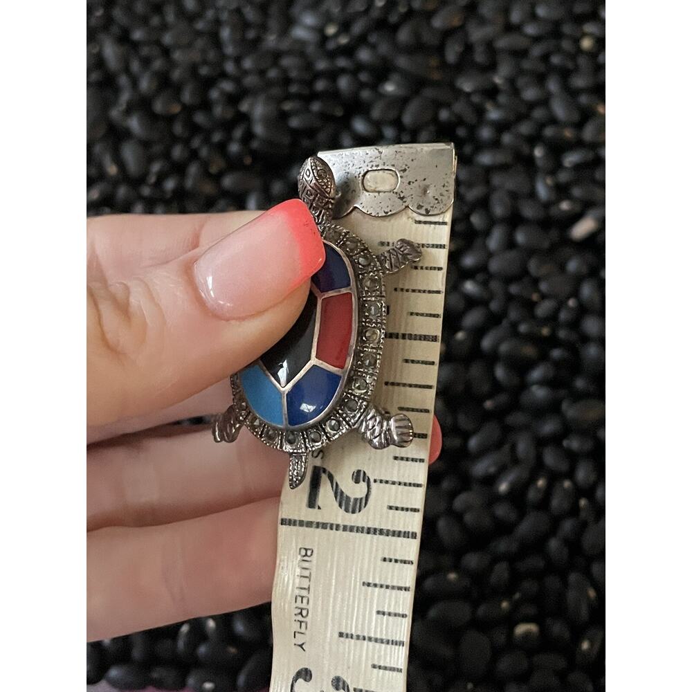 Sterling Silver Marcasite Enamel Turtle Tortuga Tortoise Brooch Pin 🐢Red Blue - Picture 9 of 10